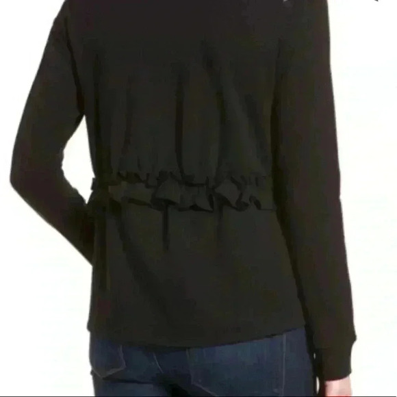 HALOGEN Black Cotton Crew Neck Ruffle Sweatshirt Size SP - Picture 3 of 8